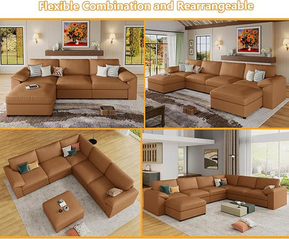 EASE MOOSE Loveseat Sofa for Living Room,Oversized Deep Seat Modular Sectional,Modern Comfy 2 Seater Sofas,Scratch Resistant Faux Leather Couch for Small Spaces, Brown