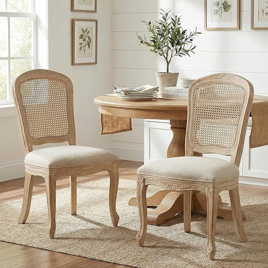 Wicker Dining Chairs Set of 2, Upholstered Linen Fabric Dining Room Chairs with Square High Rattan Back Farmhouse French Kitchen Chairs for Dining Table/Living Room/Restaurant, White