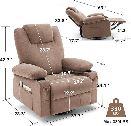 Oversized Swivel Rocker Recliner Chair with Heat and Massage, Large Big Recliner Chair for Living Room, 360 Degree Swivel Rocking Single Sofa with Cup Holders and USB Port(Fabric, Nut Brown)