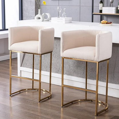 Contemporary Cream Linen Bar Stool, 32" Upholstered Fabric Counter Height Barstool Kitchen Counter Island Stool with Golden Metal Base