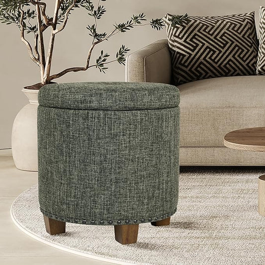 Homepop Home Decor | Upholstered Round Storage Ottoman with Nailheads| Ottoman with Storage for Living Room & Bedroom, Green Clover Fabric