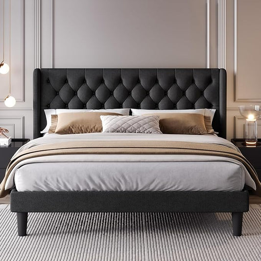 SHA CERLIN King Size Platform Bed Frame with Upholstered Headboard and Wingback, Button Tufted Design, Easy Assembly, No Box Spring Needed, Black