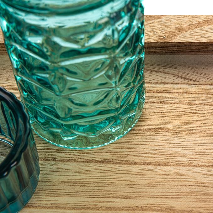 Creative Co-Op Wood Tray with 9 Blue & Green Glass Votive Holders