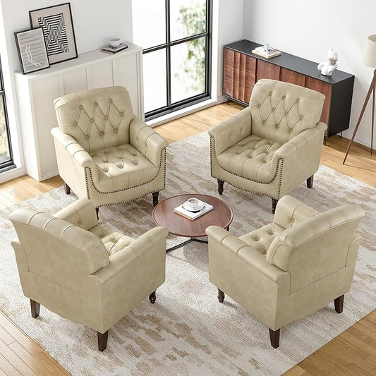 Faux Leather Accent Chairs Set of 4, Upholstered Armchairs with Nailhead Trims & Wood Legs for Living Room, Bedroom, Contemporary Comfy Club Chairs for Office-Beige