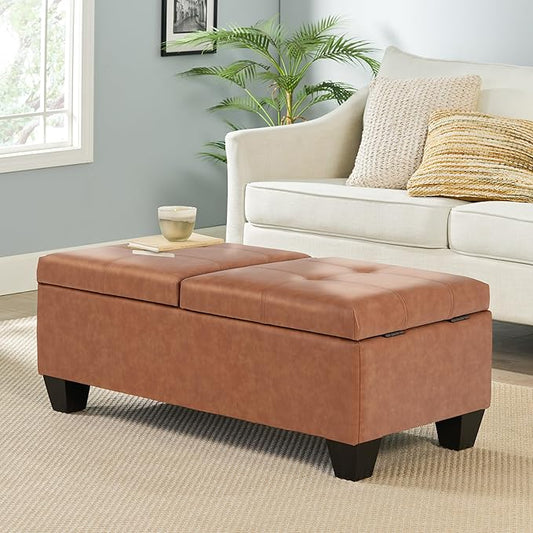 Christopher Knight Home Lanister Faux Leather Upholstered Storage Ottoman Bench, Wooden Rectangular Ottoman with Storage, Living Room Ottoman Coffee Table, Sofa Footstool, Tan Brown