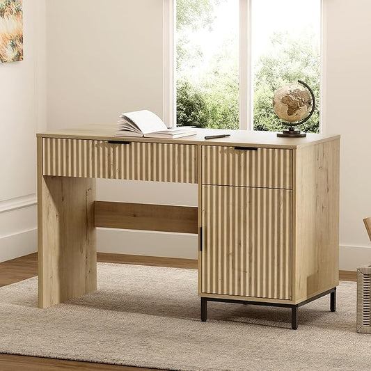 47" Fluted Executive Desk, Modern Wood Home Office Desk with Charging Station, Drawer & Cabinet, Computer Writing Desk for Work Study, Light Oak