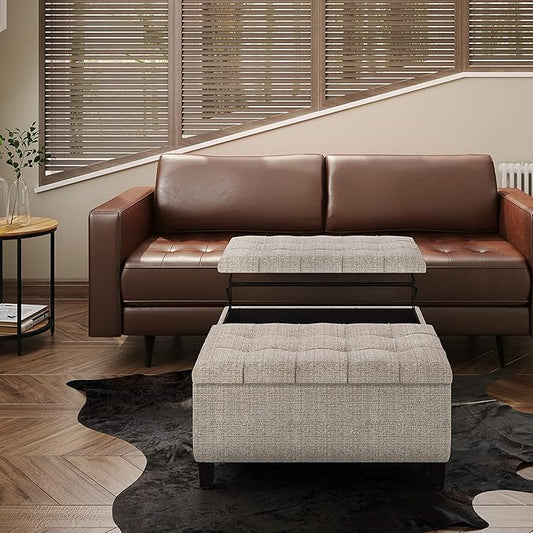 SIMPLIHOME Harrison Coffee Table Storage Ottoman - 36 inch Wide Upholstered Tweed Look Fabric Square Lift-Top Ottoman in Platinum, Transitional Ottoman for Living Room with Hidden Storage