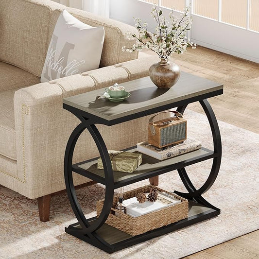 Tribesigns End Table, Narrow 3-Tier End Table for Living Room, Industrial Wooden Side Table with Metal Frame, Small Bedside Nightstand for Bedroom, Small Spaces, Grey