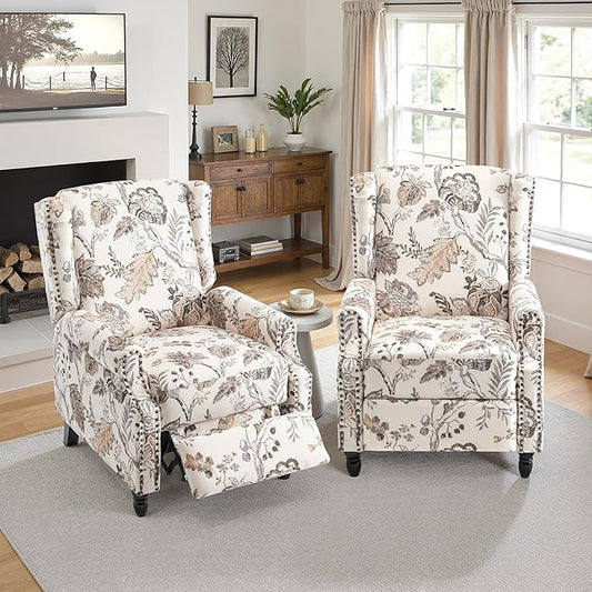 Pushback Recliner Chair Set of 2, Floral Fabric Wingback Recliner Chair, Upholstered Armchair Push Back Recliner, Rivet Trim Single Sofa Accent Chair with Wood Legs for Living Room, Plants Beige