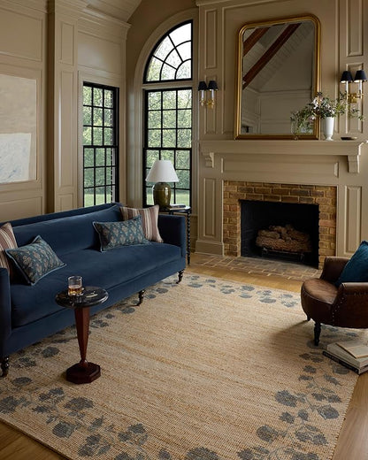 Loloi Chris Loves Julia Rue Collection RUE-05 Natural/Denim 5'-0" x 7'-6" Area Rug Jute Neutral Floral Living Room Bedroom Rug