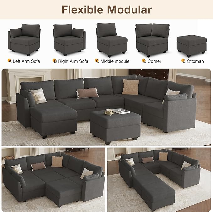Modular Sectional Sofa Couches, Large Convertible Modular Couches With Storage, 8-Seater Sectional Sofa For Living Room, U Shaped Sectional Couch Sleeper Sofa With Chaise (DarkGrey, 8 Seats)