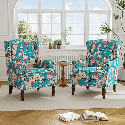 Accent Chair, Upholstered High Back Floral Armchair with Nailhead Trim & Wood Legs, Comfy Wingback Reading Single Sofa Chair for Small Spaces, Living Room, Bedroom ( Peacock Blue Floral, Set of 2)