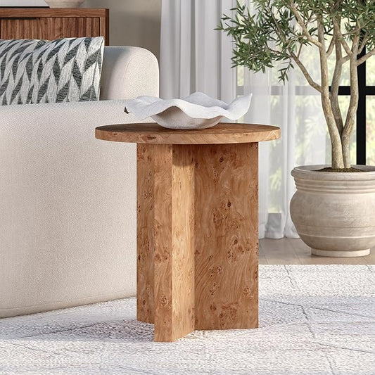 Henn&Hart 20" Scandinavian Round Wooden End Table, Side Table, Nightstand with X-Base for Living Room, Office, Family Room, or Bedroom, Honey Burl