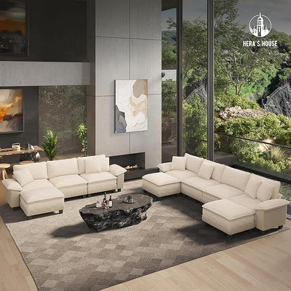 HERA'S HOUSE Modular Sectional Sofa, 88" L Shaped Cloud Couch with Ottoman and Throw Pillow, Mixed Fabric Sleek Couches for Living Room, Beige
