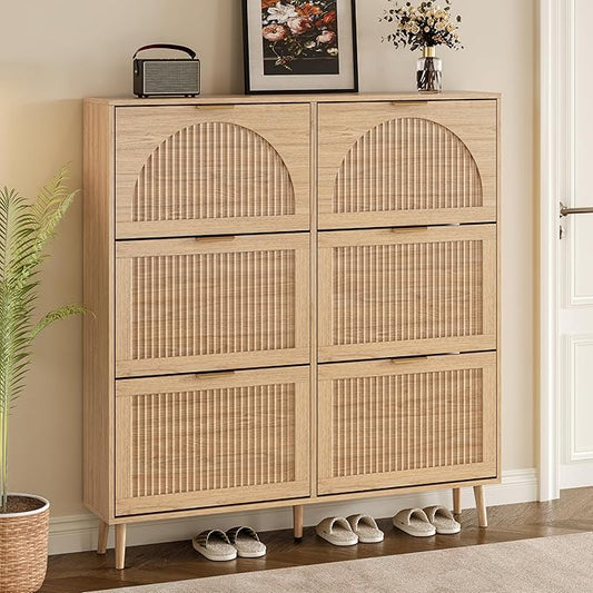 Shoe Cabinet for Entryway with 6 Flip Drawers, Slim Wooden Shoe Storage Organizer with Modern Fluted Pannel，Freestanding Narrow Hidden Shoe Rack for Hallway, Foyer, Living Room