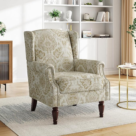 Pia Ricco High Back Floral Accent Chair - Retro Wingback Upholstered Armchair with Nailhead Trim, Solid Wood Legs, Fabric Living Room Bedroom Reading Chair (Flower White)