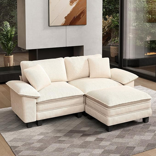 HERA'S HOUSE 88" Modular Sectional Sofa, L Shaped Couches for Living Room, Comfy Cloud Couch with Ottoman, 3-Seater Deep Seat Sofa with Throw Pillow, Corduroy Beige