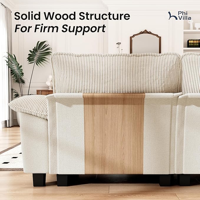 PHI VILLA Cloud Modular Couches Sets, 157.5" Long Sectional Sofa with Upholstered Deep Seat, 4-Seater Couches for Living Room, Chenille Corduroy Dual Fabric, Beige