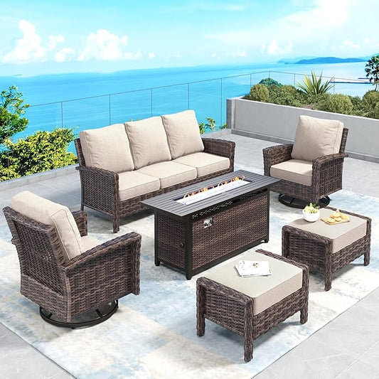 Patio Furniture Set with Swivel Chairs, High Back Wicker Rattan Furniture with 5.5" Thick Cushions, Fire Pit Table and Ottomans, All Weather Outdoor Conversation Set for Backyard Deck,7 Seats, Beige