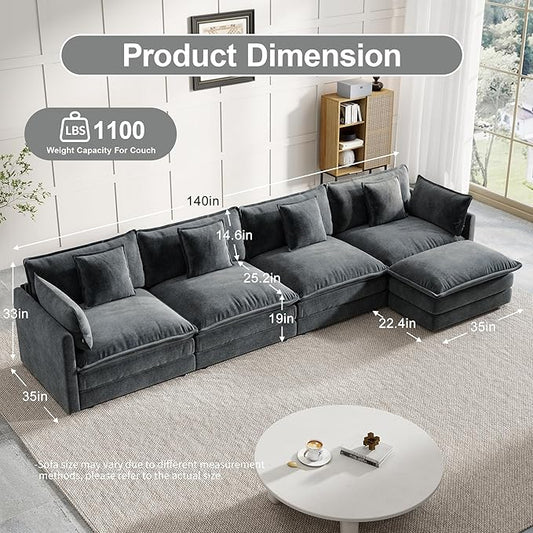 Modular Sectional Sofa, 146.5 Inch L-Shaped Cloud Sofa with Deep Seat Chenille Sofa with Cushions, Four Seater Sectional Sofa for Living Room Apartment,Gray