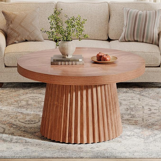Tribesigns Coffee Table, 31.5" Small Farmhouse Round Coffee Tables with Fluted Drum Base, Mid Century Modern Farmhouse Accent Center Table for Living Room, Apartment, Small Space, Walnut