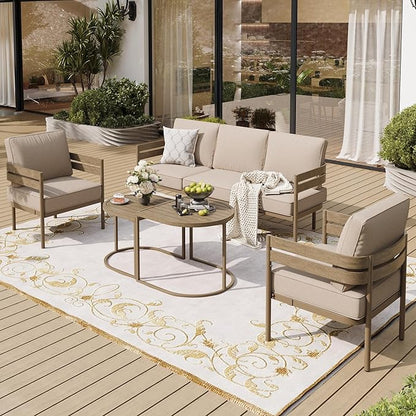 Metal Frame Patio Furniture Set, 5 Pieces Modern Outdoor Patio Furniture Set, Wood-Like Patio Seating with Coffee Table and 5" Cushion, Patio Conversation Set for Backyard Deck