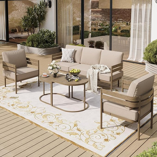 Metal Frame Patio Furniture Set, 5 Pieces Modern Outdoor Patio Furniture Set, Wood-Like Patio Seating with Coffee Table and 5" Cushion, Patio Conversation Set for Backyard Deck