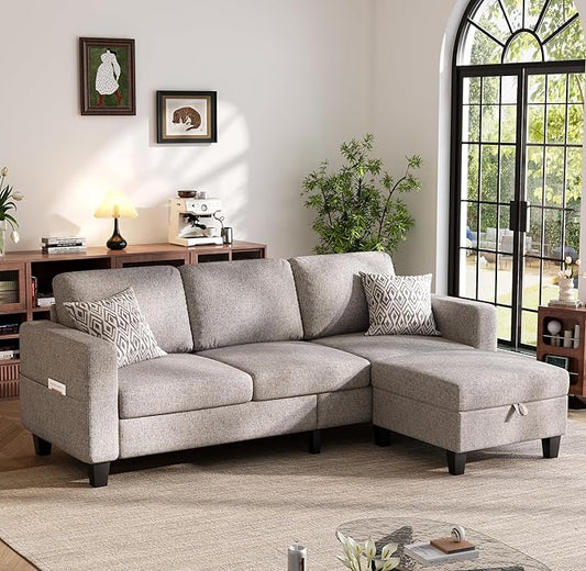 Sectional Sofa and Couches for Living Room, 78'' Brown 3 Seat L-Shaped Couch with Movable Ottoman, Comfy Linen Convertible Sectionals Sofas with Chaise for Apartment, Office, Small Space