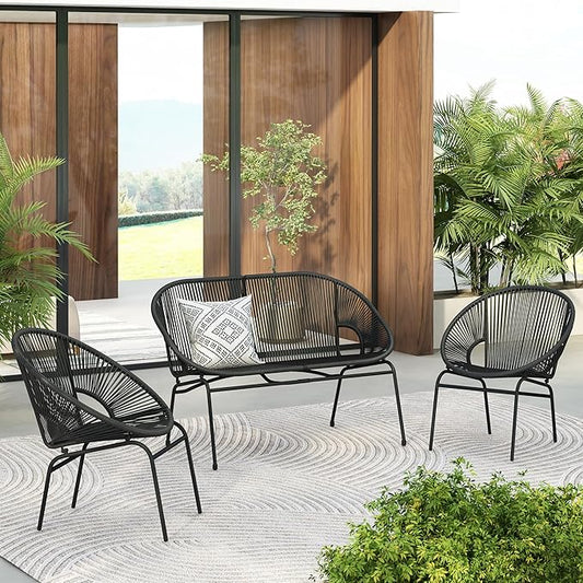 Christopher Knight Home Dessa 3 Piece Patio Furniture Set, Patio Wicker Accent Chair Set of 2 and Loveseat, Metal Frame 4 Seater Outdoor Papasan Lounge Chair Set, PE Rattan Outdoor Bistro Set, Black