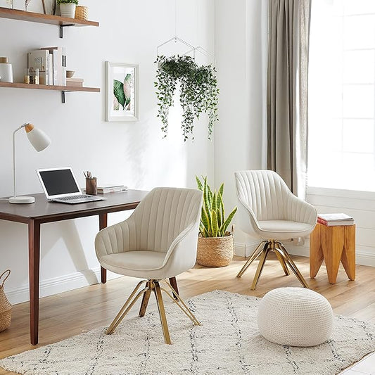 Zouron Mid Century Modern Swivel Accent Chair with Gold Metal Legs, Upholstered Swivel Chair No Wheels, Side Accent Arm Chair Vanity Chair for Small Space Home Office Living Room Bedroom, Off White