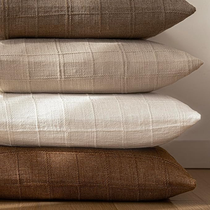 Foindtower Set of 2 Decorative Linen Check Throw Pillow Covers Neutral Long Body Lumbar Cushion Covers Farmhouse Vintage Boho Home Decor For Sofa Chair Couch Bedroom Living Room,14×36 Inch,Cream White