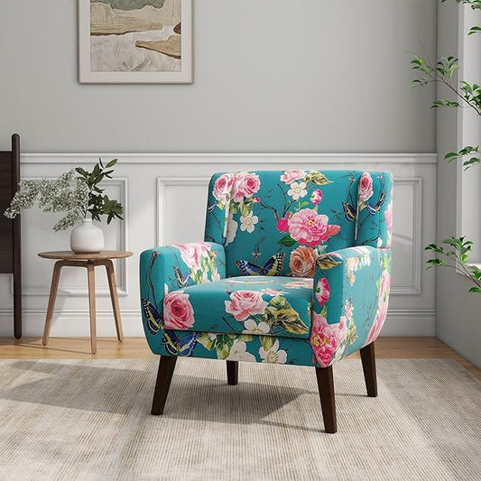Accent Chair, Modern Linen Blend Arm Chair for Living Room, Bedroom, Comfy High-Resilient Sponge Reading Chair for Small Spaces (Pattern Floral Blue, Set of 1)