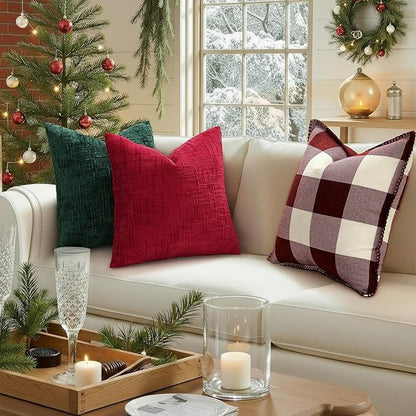 decorUhome Christmas Red Chenille Throw Pillow Covers 18x18 Set of 2 Thick Textured Slubby Couch Pillow Covers Farmhouse Accent Modern Neutral Decorative Pillow Cases for Bed Sofa Living Room