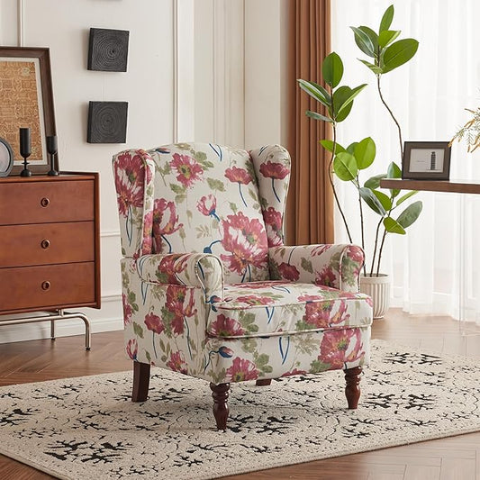 MELLCOM Floral Accent Chair, High Back Upholstered Armchair with Solid Legs, Leisure Single Sofa Chair for Living Room, Bedroom, Home Office, Pink Floral