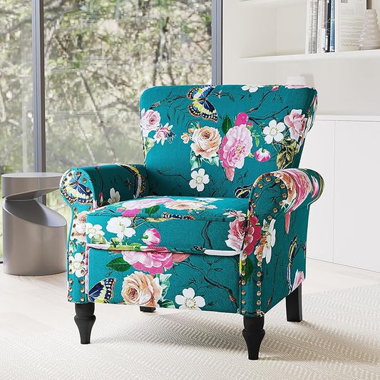 Accent Chair, Upholstered High Back Floral Armchair with Nailhead Trim & Wood Legs, Comfy Wingback Reading Single Sofa Chair for Small Spaces, Living Room, Bedroom (Blue Floral, Set of 1)