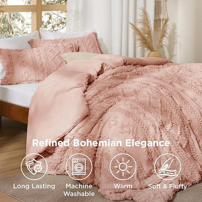 Bedsure Tufted Boho Comforter Set Queen Size - Light Pink Boho Bed Set, GentleSoft™ 3 Pieces Farmhouse Shabby Chic Embroidery Bedding, Gifts for Woman, Soft Jacquard Queen Comforter for All Seasons