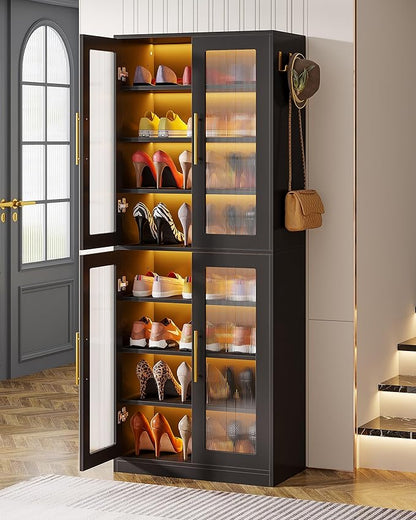 Tribesigns Black Shoe Storage Cabinet with Acrylic Doors and LED Lights, 8-Tier Tall Entryway Shoe Organizer Rack with Adjustable Shelves & Hanging Hooks for Narrow Closet, Hallway, Living Room