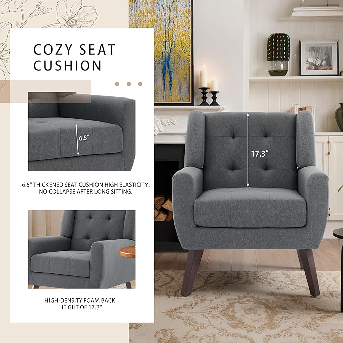 Accent Chair, Mid-Century Modern Upholstered Armchair, Comfy Fabric Living Room Chairs Reading Chairs with Button Tufted Back & Solid Wood Legs for Bedroom, Office, Gray