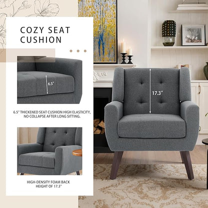 Accent Chair, Mid-Century Modern Upholstered Armchair, Comfy Fabric Living Room Chairs Reading Chairs with Button Tufted Back & Solid Wood Legs for Bedroom, Office, Gray