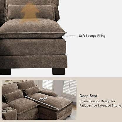 U Shaped Sectional Sofa with Storage Console, Cup Holders & USB Ports, Small Modular Cloud Couch with Deep Seats, Modern Comfy Living Room Sofa for Apartment, Chenille Brown