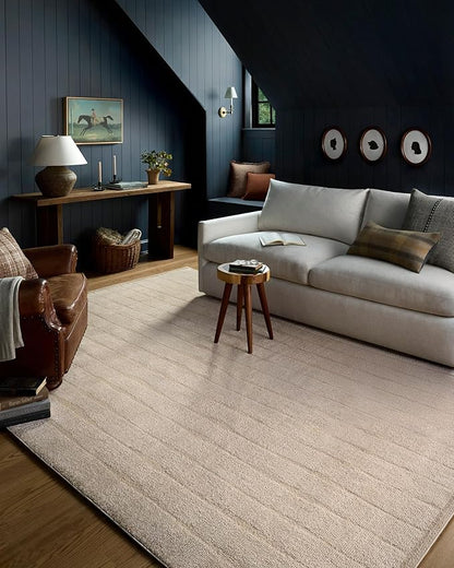 Loloi Chris Loves Julia Calvin Collection CLV-02 Ivory/Oatmeal 6'-3" x 9'-6" Area Rug Checkered Neutral Soft Living Room Bedroom Carpet