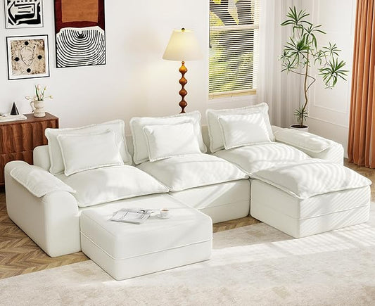Hobestluk 120" Cloud Modular Sectional Couch 3-Seater Sofa with Ottomans U Shaped Couch Deep Seat Sofa with Removable Cover Large Sofa for Living Room (Beige, 3-Seater Sofa with Two Ottomans)