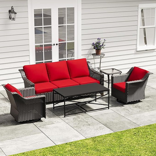 5 Pieces Outdoor Conversation Furniture Set - 77" Patio Sofa, 2 Swivel Rocker Chairs, 1 Side Table, 1 Metal Coffee Table, Patio Wicker Couch Set with Washable Cushions for Porch (Red)