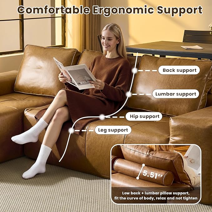 114" Cloud Sectional Couch with L-Shape Chaise & Ottoman, Modern Boneless Couches for Living Room, Fluffy Tufted Deep Seat Modular Sofa No Assembly (Faux Leather,Brown,Left Facing)
