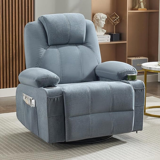 Oversized Swivel Rocker Recliner Chair with Heat and Massage, Large Big Recliner Chair for Living Room, 360 Degree Swivel Rocking Single Sofa with Cup Holders and USB Port(Fabric, Blue)