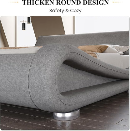 SHA CERLIN Queen Size Upholstered Bed Frame, Deluxe Low Profile Sleigh Bed with Linen Ergonomics Headboard, No Box Spring Needed & Easy Assembly, Grey