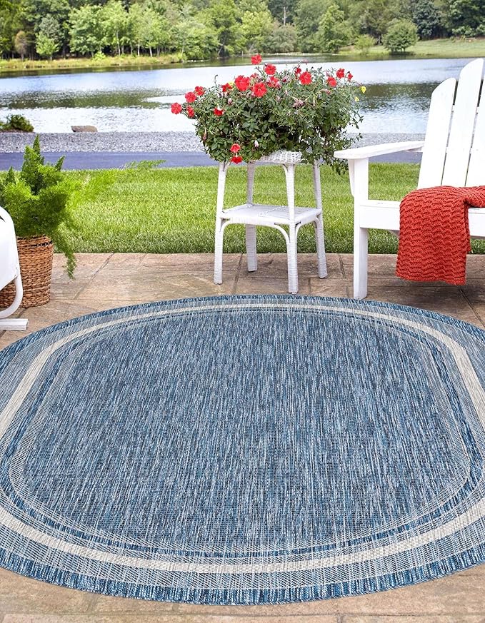 Unique Loom Outdoor Border Collection Area Rug - Soft Border (7' 10" x 10' Oval, Blue/ Ivory)