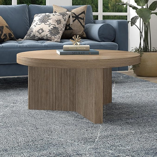 Henn&Hart 32" Fluted Round Low-Profile Coffee Table with Ribbed Pedestal Base for Living Room, Family Room, Office, or Apartment, Antiqued Gray Oak