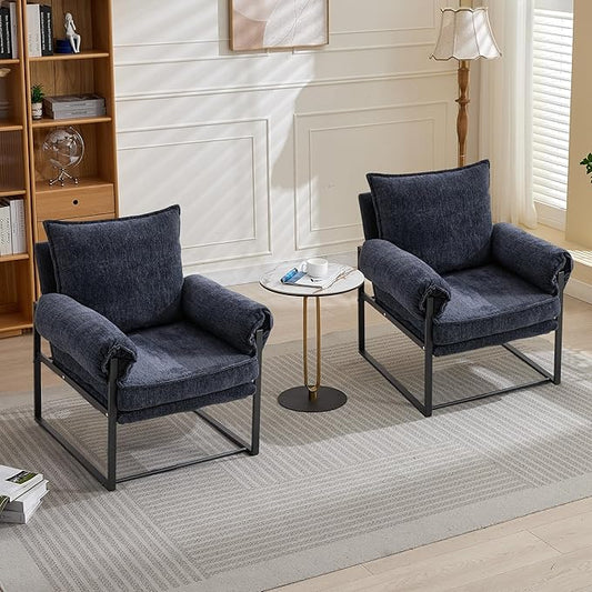 Xifan Modern Comfy Reclining Chair with 6 Angle Adjustable Backrest, Upholstered Accent Chair Fabric Living Room Lounge Chair for Reading Room - Dark Blue, Set of 2