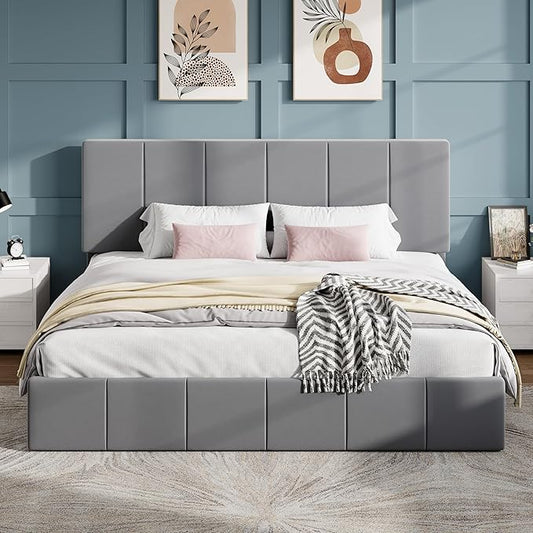 SHA CERLIN King Size Bed Frame, Velvet Upholstered Platform Bed, Vertical Channel Tufted Adjustable Headboard, Low Profile Bed Frame, No Box Spring Needed, Easy Assembly, Grey